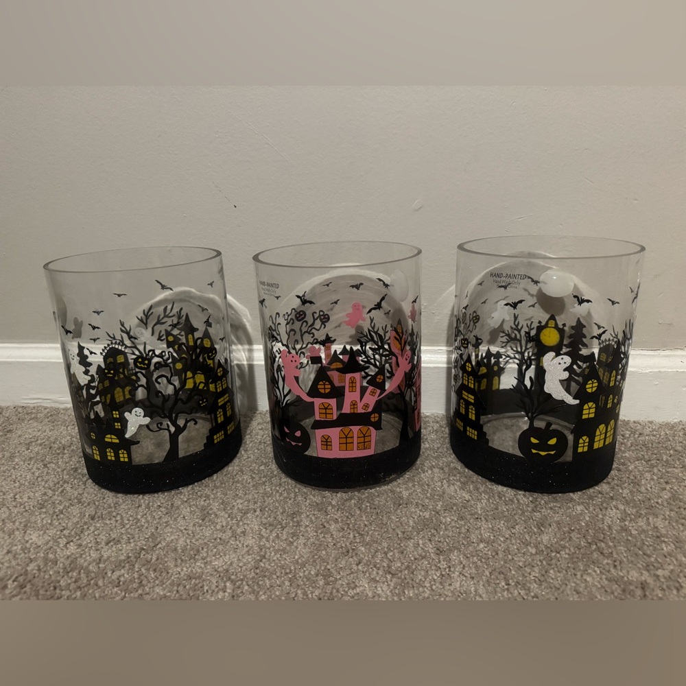 Halloween Glass Mugs Pink And Black Halloween Scene Xlarge Hand painted Set 3